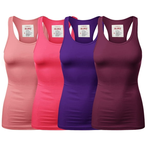 Women & Plus Solid Ribbed Knit Stretch Workout Racerback Tank Top (4PK: ASH ROSE/FUCHSIA/PURPLE/PLUM, 3X)