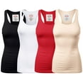 thumbnail image 1 of Women & Plus Solid Ribbed Knit Stretch Workout Racerback Tank Top (4PK: BLACK/WHITE/RUBY/SAND, Medium), 1 of 3