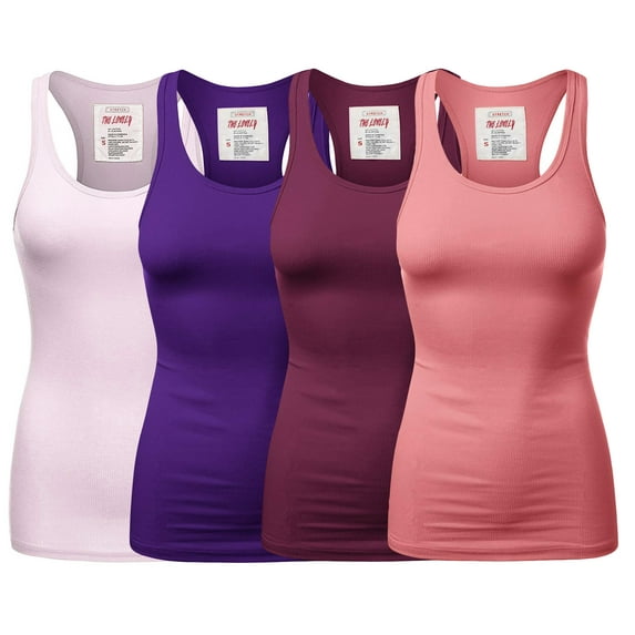 Women & Plus Solid Ribbed Knit Stretch Workout Racerback Tank Top (4PK: DUSTY LAVENDER/PURPLE/PLUM/ASH ROSE, Large)