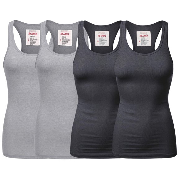 Women & Plus Solid Ribbed Knit Stretch Workout Racerback Tank Top (4PK: H GREY/H GREY/CHARCOAL/CHARCOAL, 1X)