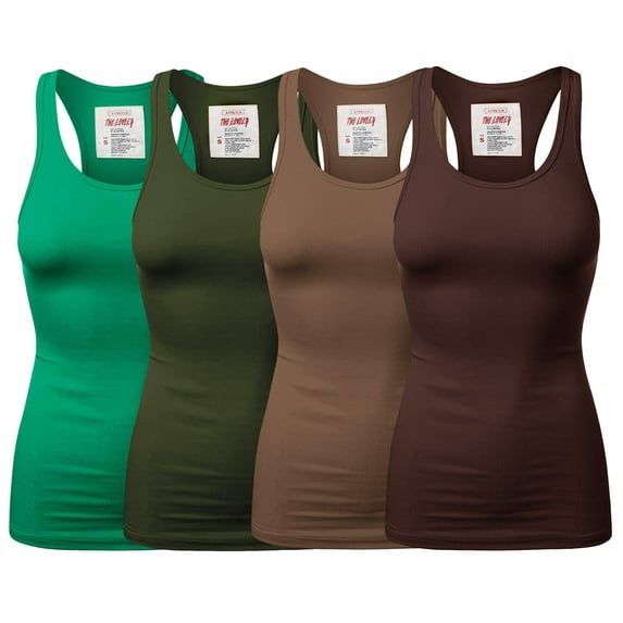 Women & Plus Solid Ribbed Knit Stretch Workout Racerback Tank Top (4PK: KELLY GREEN/ARMY GREEN/MOCHA/AMERICANO, X-Large)