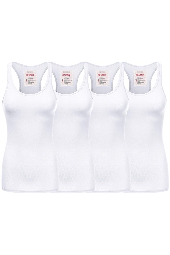 Women & Plus Solid Ribbed Knit Stretch Workout Racerback Tank Top (4PK: WHITE/WHITE/WHITE/WHITE, Medium)