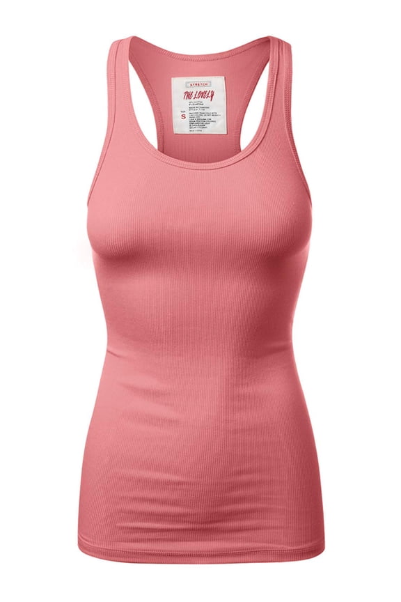 Women & Plus Solid Ribbed Knit Stretch Workout Racerback Tank Top (ASH ROSE, Medium)
