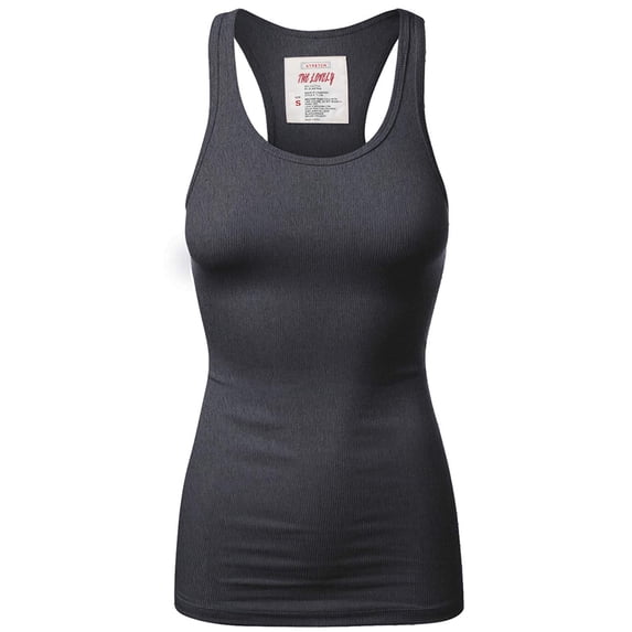 Women & Plus Solid Ribbed Knit Stretch Workout Racerback Tank Top (CHARCOAL, Large)