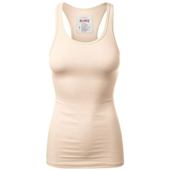 Women & Plus Solid Ribbed Knit Stretch Workout Racerback Tank Top (SAND, Large)