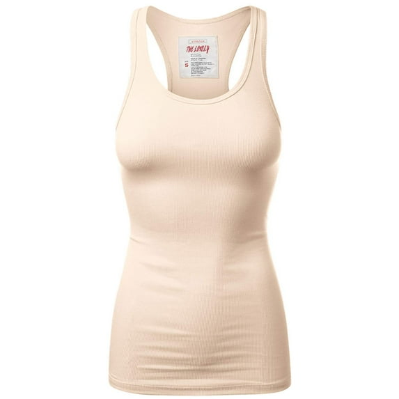 Women & Plus Solid Ribbed Knit Stretch Workout Racerback Tank Top (SAND, Small)