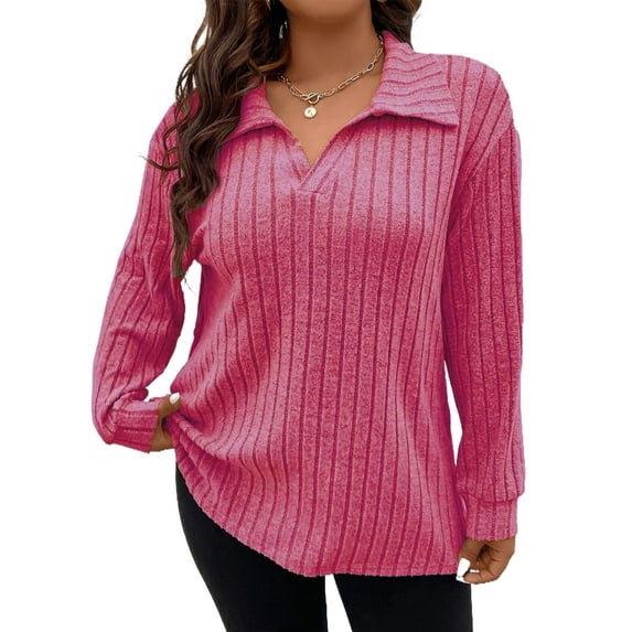 Women Plus Top 5XL Sweater Top Loose Pullover Lady Top Long Sleeve Daily Autumn Sweater Turndown Collar Casual Striped Cogild