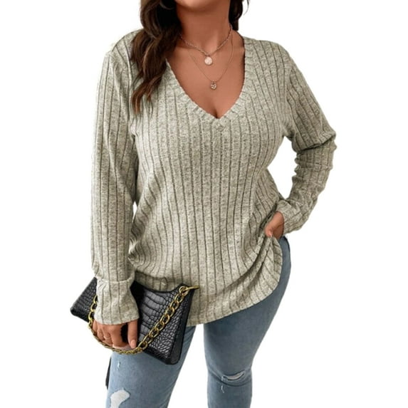 Women Plus Top 5XL Sweater Top Tunic Top Pullover Lady Top Long Sleeve Daily V-neck Autumn Daily Sweater Top Loungewear Striped Cogild