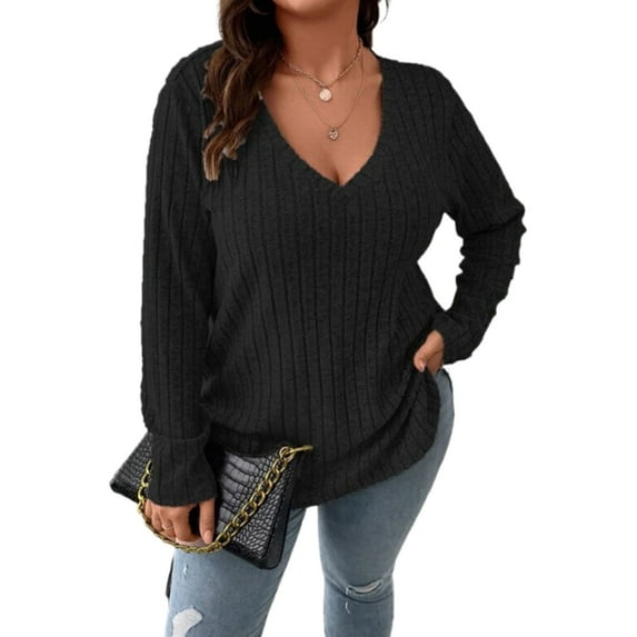 Women Plus Top 5XL Sweater Top Tunic Top Pullover Lady Top Long Sleeve Daily V-neck Autumn Daily Sweater Top Loungewear Striped Cogild