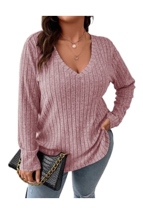 Plus Size Sweaters for Women V-Neck Long Sleeve Striped Top Pullover XL-5XL
