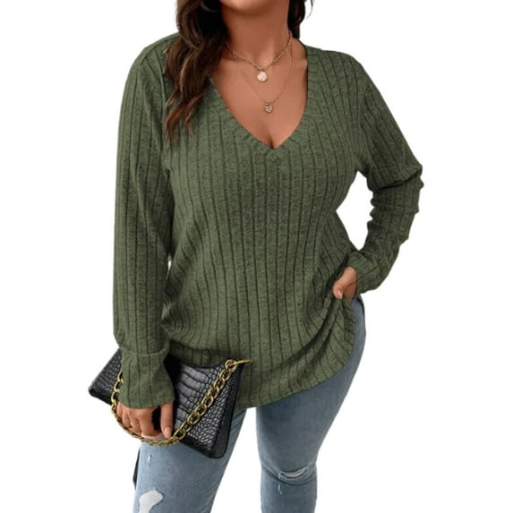 Women Plus Top 5XL Sweater Top Tunic Top Pullover Lady Top Long Sleeve Daily V-neck Autumn Daily Sweater Top Loungewear Striped Cogild
