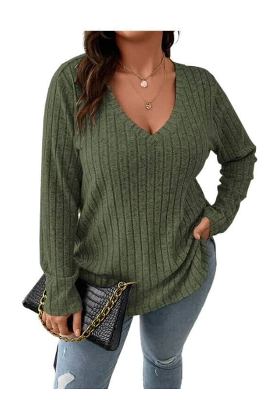 Women Plus Top 5XL Sweater Top Tunic Top Pullover Lady Top Long Sleeve Daily V-neck Autumn Daily Sweater Top Loungewear Striped Cogild