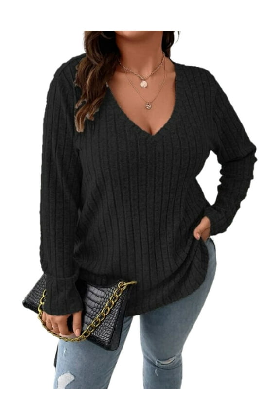 Women Plus Top 5XL Sweater Top Tunic Top Pullover Lady Top Long Sleeve Daily V-neck Autumn Daily Sweater Top Loungewear Striped Cogild