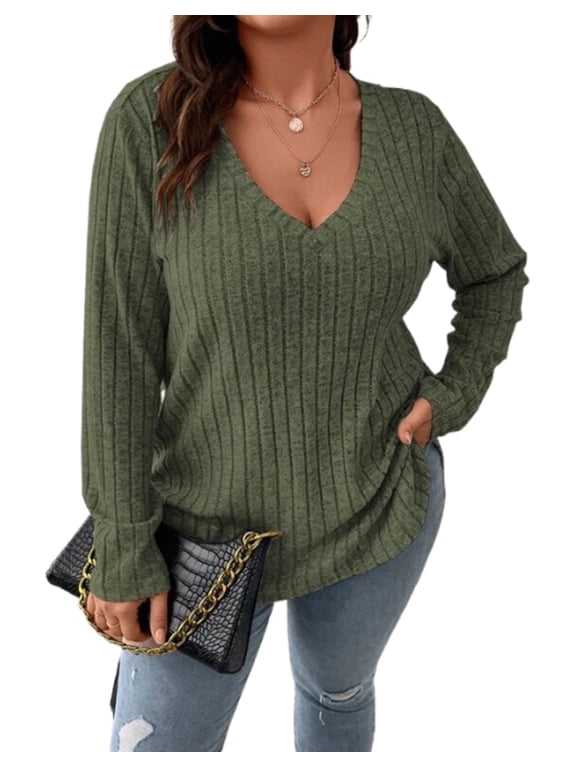 Women's Plus Size Tunic Top, Long Sleeve V-Neck Striped Pullover Sweater, Loungewear