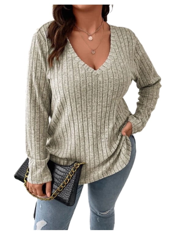 Plus Size Sweaters for Women V-Neck Long Sleeve Striped Top Pullover XL-5XL