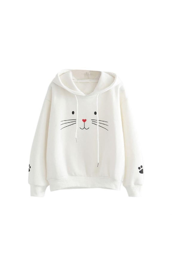 Women Plus Velvet Pullover Sweater Hoodie Cute Cat Print Long Sleeve Casual Warm Winter Autumn Loose Tops