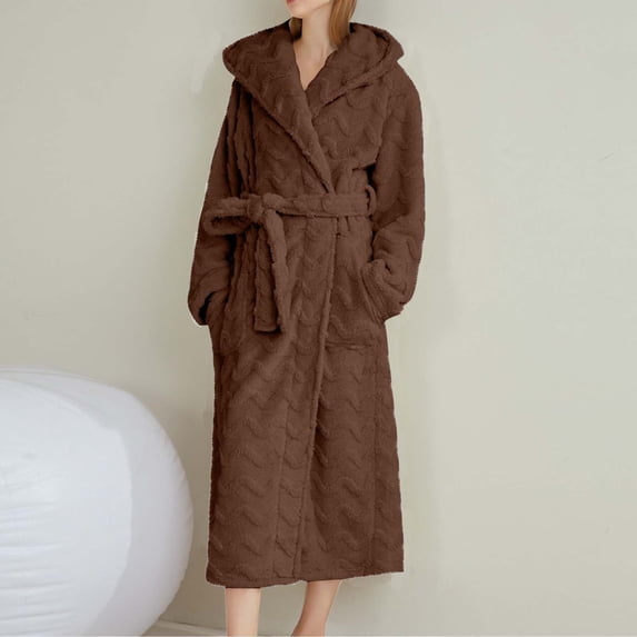 Women Plush Bath Robes Flannel Hooded V Neck Belt Sleepbath Fuzzy Thick Thermal Fall Winter Home Wear With Pockets (M, Coffee)