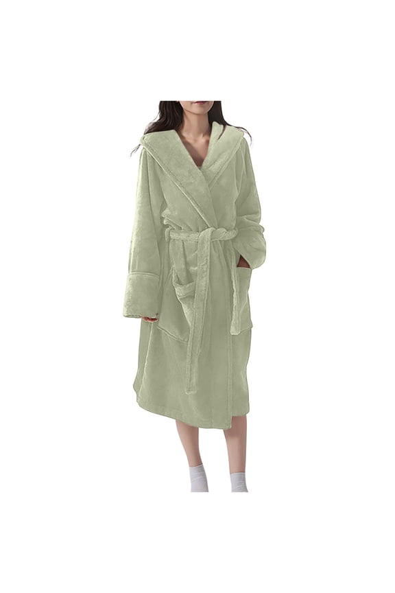 Women Plush Bathrobe Flannel Loungewear Belted Robe Long Sleeve Cozy Sleepwear Winter Warm Dressing Gown Nightwear