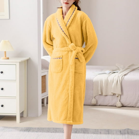 Women Plush Bathrobes Flannel Lapel Solid Color Belt Long Sleepwear Fleece Thick Thermal Fall Winter Pajamas With Pockets (XL, Yellow)
