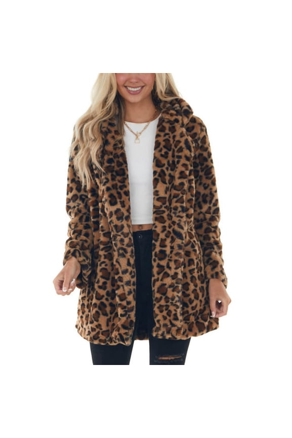 Women Plush Coat Open Front Turn Down Collar Keep Warm Thicken Jacket with 2 Side Pockets Leopard Print XL