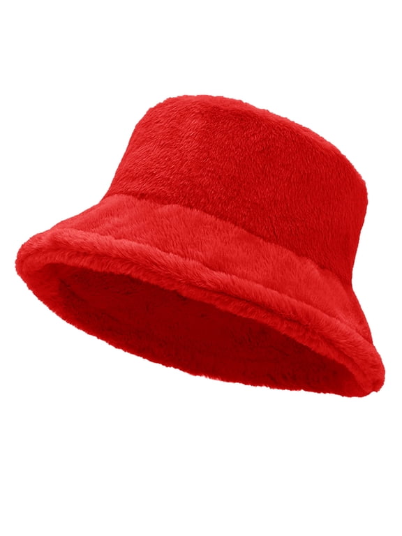 Women Plush Fluffy Bucket Hat Warm Lining Winter Faux Fur Cozy Wide Brim Winter