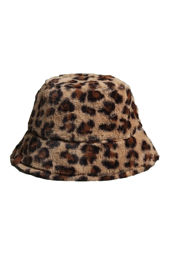 Women Plush Fuzzy Bucket Hat Imitation Rabbit Fur Adjustable Simple Fashionable Warm Hat for Autumn and Winter Leopard Print