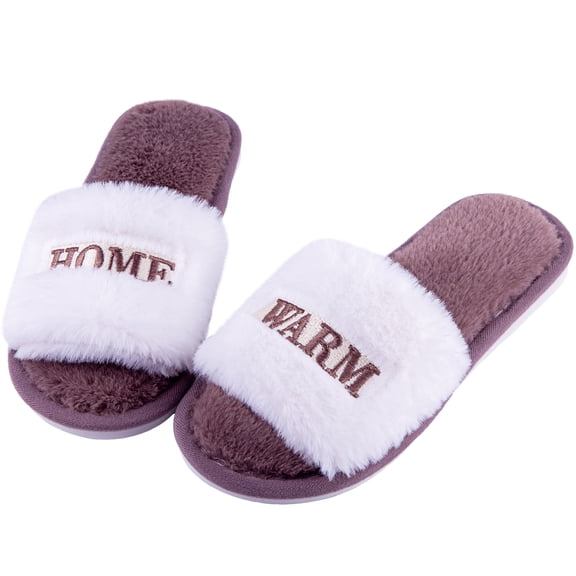 Women Plush Home Slippers, Warm Fuzzy Indoor Slides with Embroidered Text, White and Gray