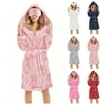 thumbnail image 1 of Women Plush Hooded Bathrobe Fluffy Fleece Short Robes with Pockets Flannel House Robe with Belt and Eye Mask, 1 of 5