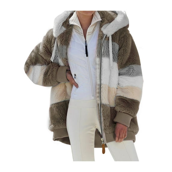 Women Plush Hooded Cardigan Thick Coat Open Front Zipper Stitching Color Faux Fur Outwear Jackets with Pocket