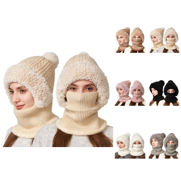 Women Plush Integrated Knit Hat - Fleece Lined Beanie With Neck Cover, Ear Flap Windproof Warm Stocking Stuffers, Winter Gifts For Girls Teen Girls