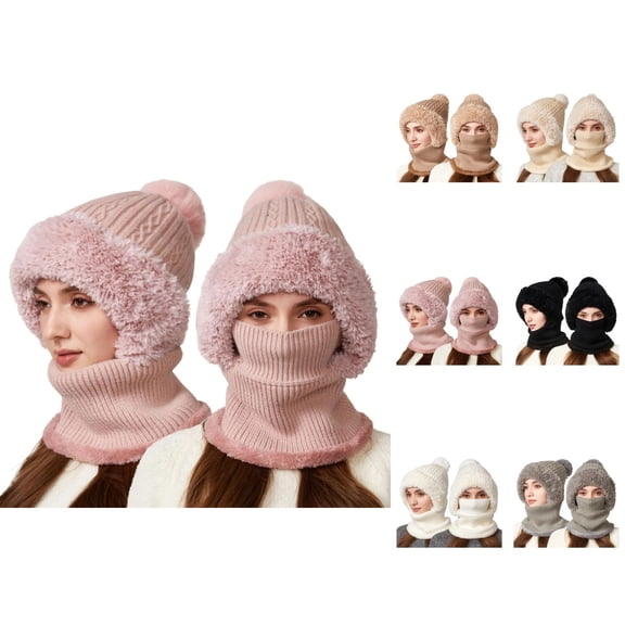 Women Plush Integrated Knit Hat - Fleece Lined Beanie With Neck Cover, Ear Flap Windproof Warm Stocking Stuffers, Winter Gifts For Girls Teen Girls