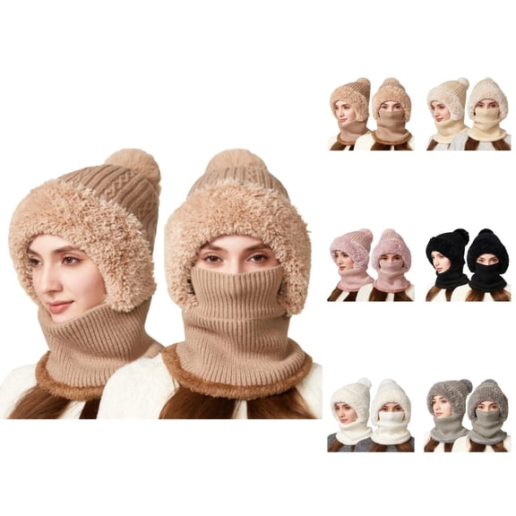 Women Plush Integrated Knit Hat - Fleece Lined Beanie With Neck Cover, Ear Flap Windproof Warm Stocking Stuffers, Winter Gifts For Girls Teen Girls