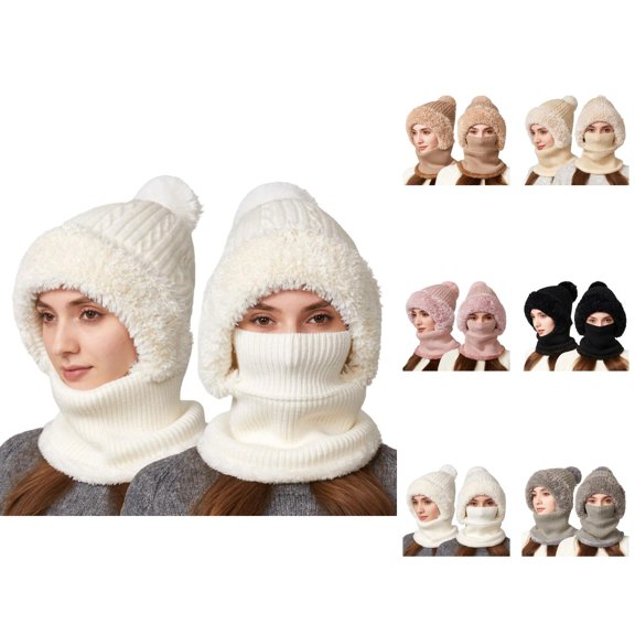 Women Plush Integrated Knit Hat - Fleece Lined Beanie With Neck Cover, Ear Flap Windproof Warm Stocking Stuffers, Winter Gifts For Girls Teen Girls