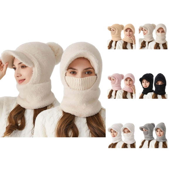 Women Plush Knit Hat Scarf Mask - Integrated Beanie Neck Warmer Face Cover, All-in-One Warm Stocking Stuffers, For Outdoor Sports Winter Activities