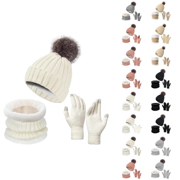 Women Plush Knit Three Piece Set - Thick Hat Neck Warmer Gloves Combo, Comfortable Warm Stocking Stuffers, Winter Gifts For Girls Teen Girls