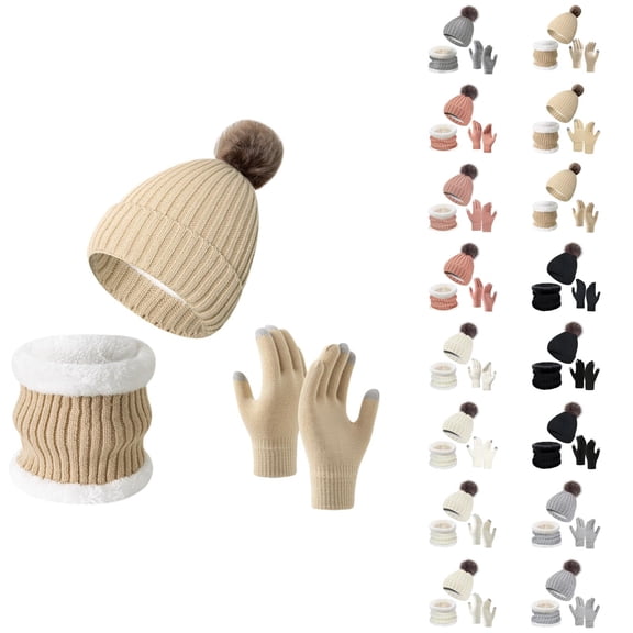 Women Plush Knit Three Piece Set - Thick Hat Neck Warmer Gloves Combo, Comfortable Warm Stocking Stuffers, Winter Gifts For Girls Teen Girls