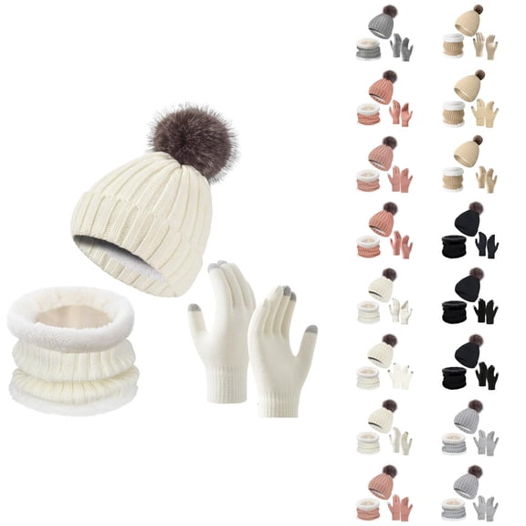 Women Plush Knit Three Piece Set - Thick Hat Neck Warmer Gloves Combo, Comfortable Warm Stocking Stuffers, Winter Gifts For Girls Teen Girls