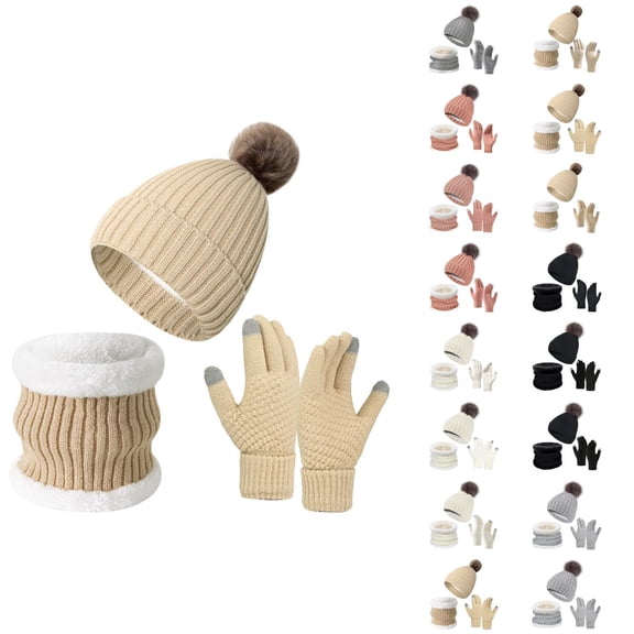 Women Plush Knit Three Piece Set - Thick Hat Neck Warmer Gloves Combo, Comfortable Warm Stocking Stuffers, Winter Gifts For Girls Teen Girls