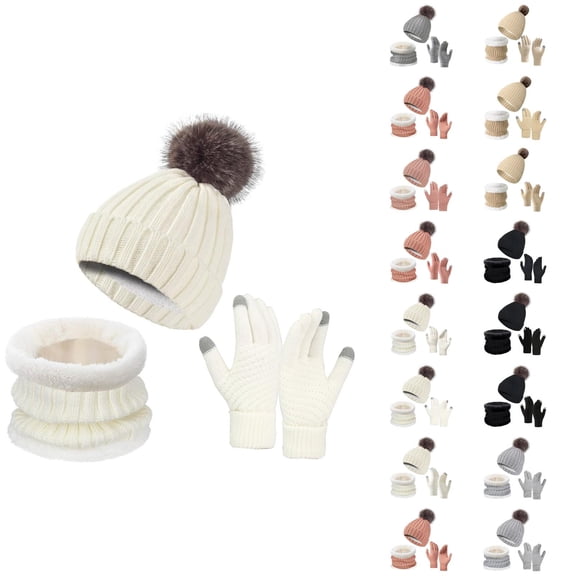 Women Plush Knit Three Piece Set - Thick Hat Neck Warmer Gloves Combo, Comfortable Warm Stocking Stuffers, Winter Gifts For Girls Teen Girls