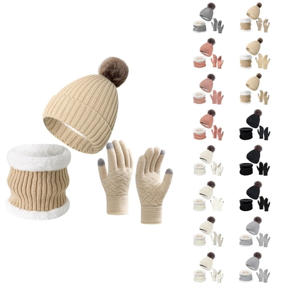 Women Plush Knit Three Piece Set - Thick Hat Neck Warmer Gloves Combo, Comfortable Warm Stocking Stuffers, Winter Gifts For Girls Teen Girls