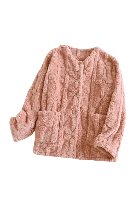 Women Plush Pajama Tops Button Down Sleepwear Fuzzy Fleece Jacket Long Sleeve Soft Warm Winter Coat with Pockets