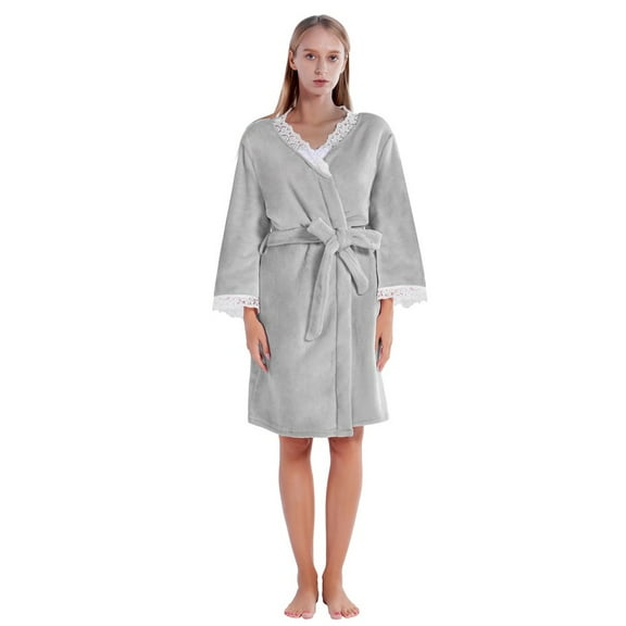 Women Plush Robe Lace Short Fleece Robes Soft Warm Spa Bathrobe