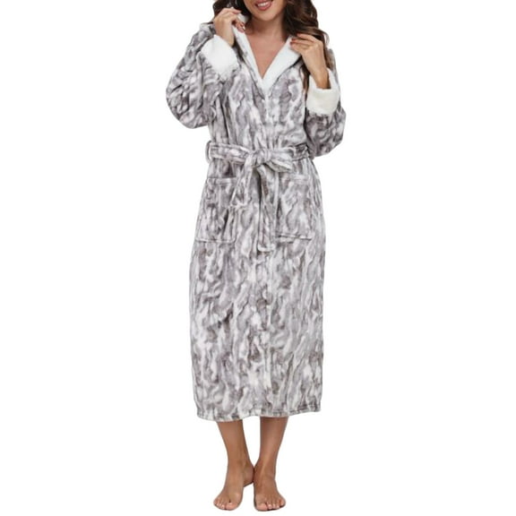 Women Plush Robe Long Hooded Bathrobe Soft Fleece Loungewear Winter Warm Sleepwear Housecoat Gown