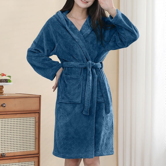 Women Plush Robes Hooded Belt Solid Color Mid-Length Nightgown Fuzzy Thermal Comfy Home Wear With Pockets (Free Size, Blue)