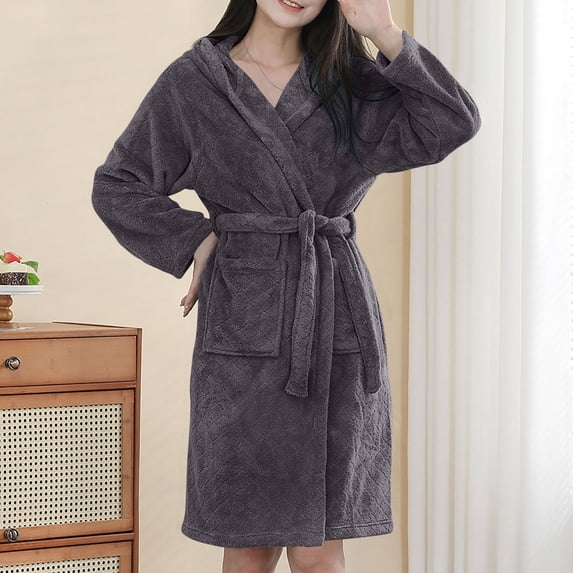 Women Plush Robes Hooded Belt Solid Color Mid-Length Nightgown Fuzzy Thermal Comfy Home Wear With Pockets (Free Size, Dark Gray)