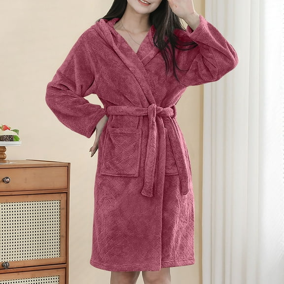 Women Plush Robes Hooded Belt Solid Color Mid-Length Nightgown Fuzzy Thermal Comfy Home Wear With Pockets (Free Size, Pink)
