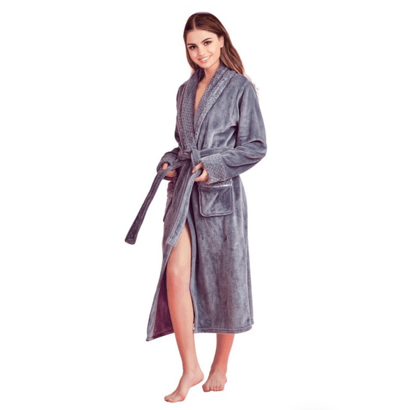 Women Plush Shawl Collar Robe, Fleece Bathrobe, Gray (XXL/One Size)