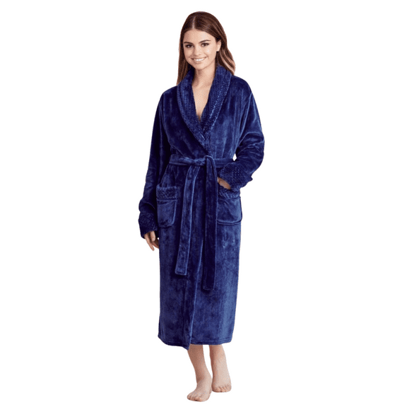 Women Plush Shawl Collar Robe, Fleece Bathrobe, Navy (XXL/One Size)