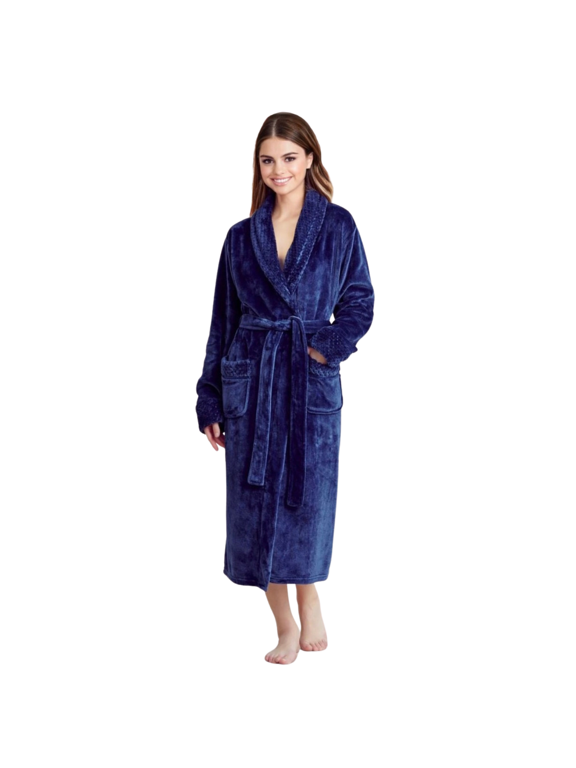 Women Plush Shawl Collar Robe, Fleece Bathrobe, Navy (XXL/One Size)