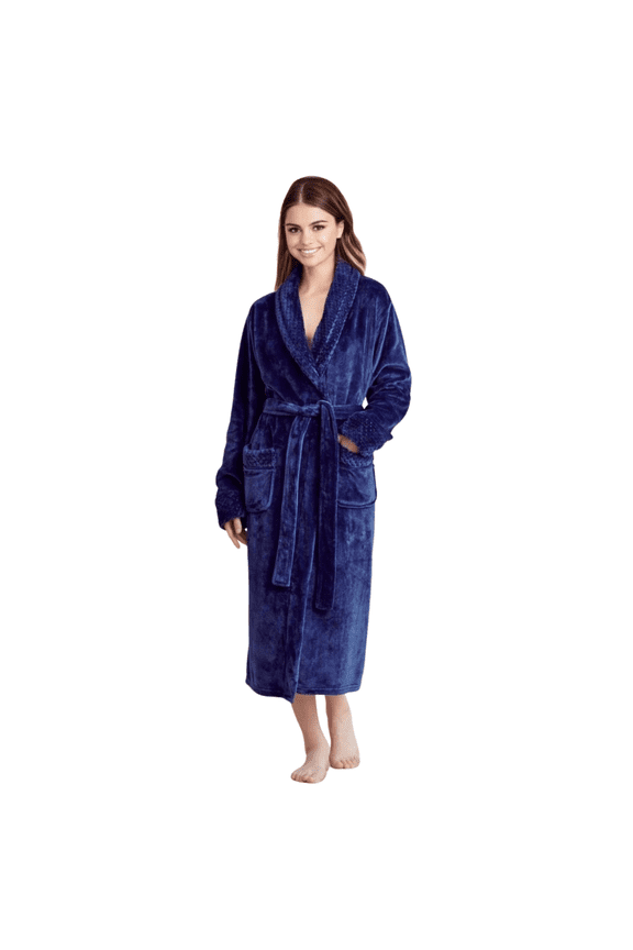 Women Plush Shawl Collar Robe, Fleece Bathrobe, Navy (XXL/One Size)